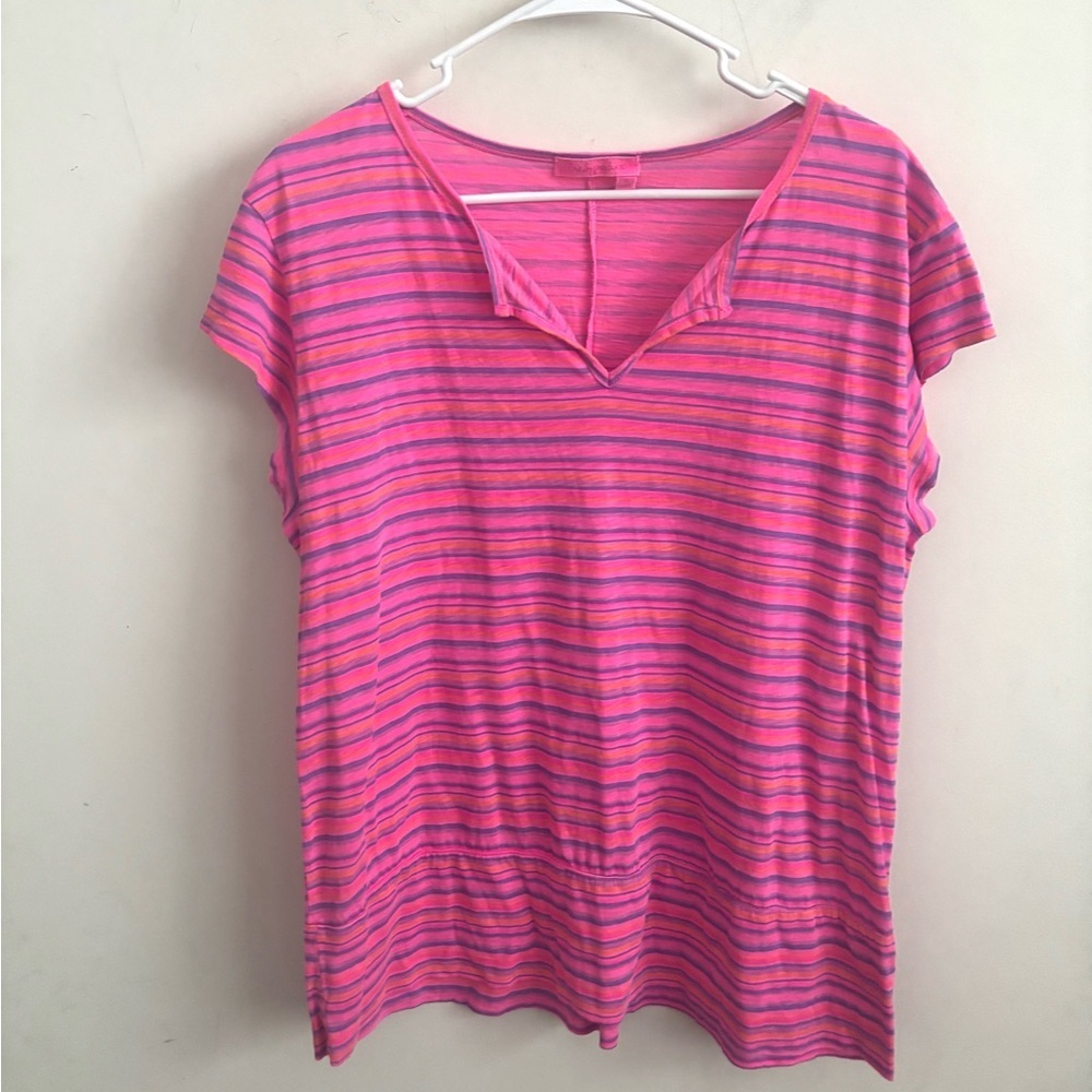 Fresh Produce Womens Stripped Henley XL Short Sleeve Hot Pink Casual Lightweight